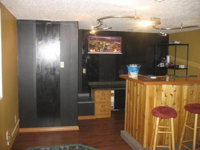 Wide black paint stripes in the basement
