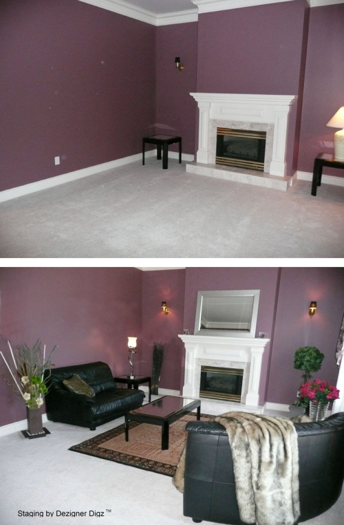 Before and after: purple living room furnished for a faster sale