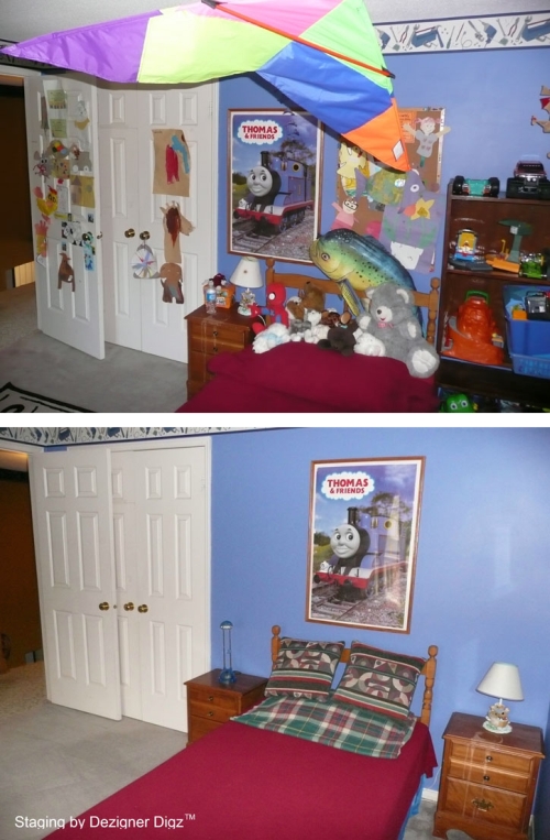 Before and after: blue boy's bedroom decluttered for an open house