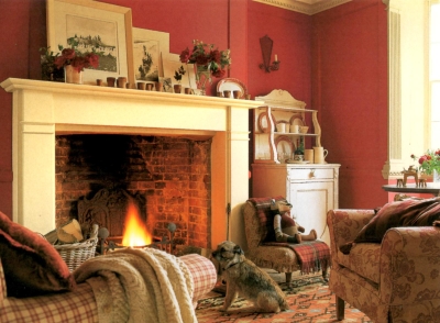 Warm cream trim color with deep red walls Warm cream trim color with deep red walls