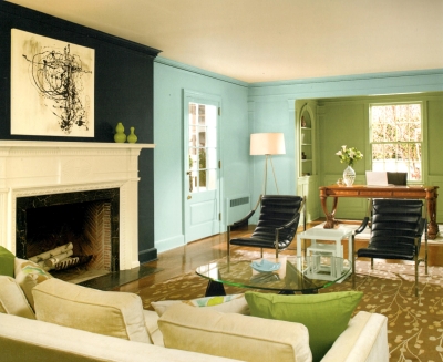 Black, blue and green walls with same color woodwork