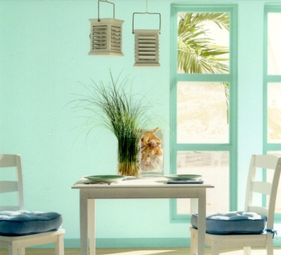 Aqua green paint color scheme in an island themed breakfast corner