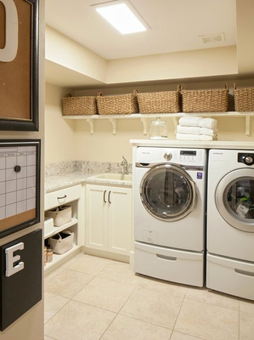 Laundry room painted a soft pale yellow color