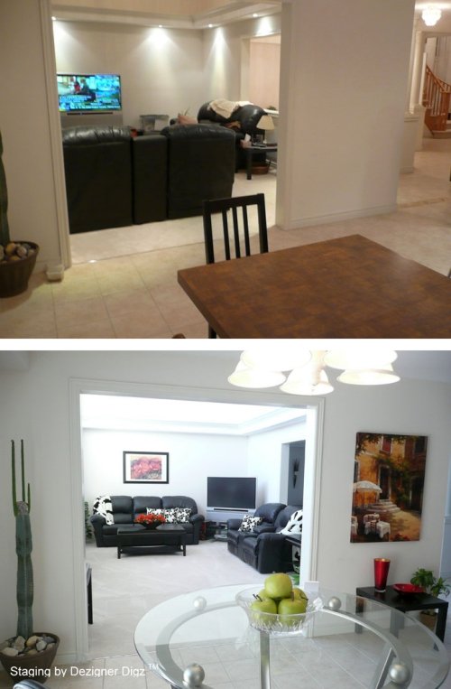 Before and after: open floor plan furniture rearranged for better feng shui