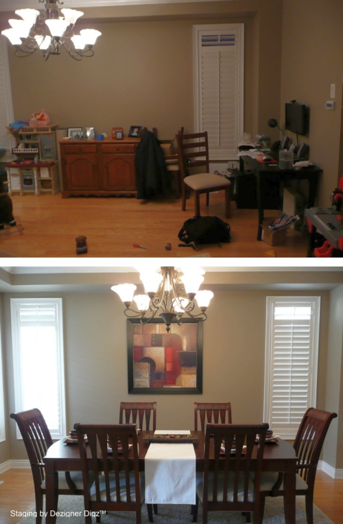 Before and after: dining room decluttered and staged