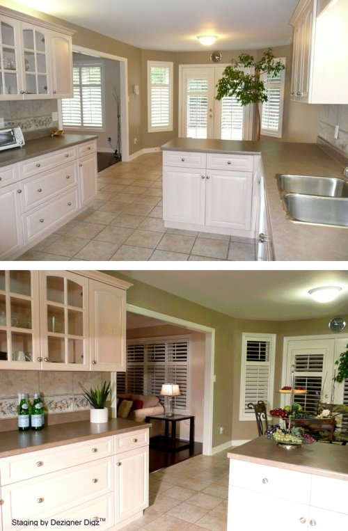 Before and after: kitchen and dining area decorated for an open house