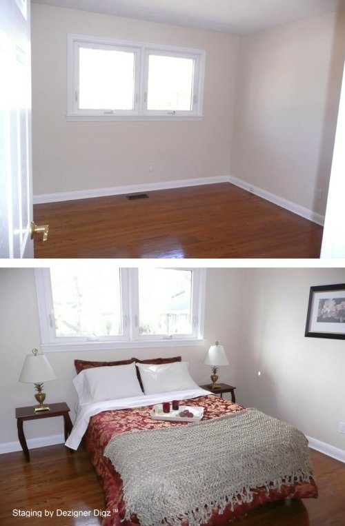 Before and after: bedroom furnished as part of home staging