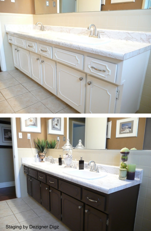 Before and after: bathroom tile and cabinets painted for an updated look