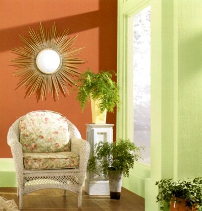 Chartreuse trim with clay colored walls