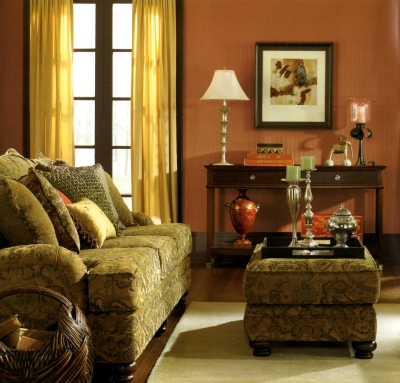 Espresso colored woodwork with medium brown walls in a living room