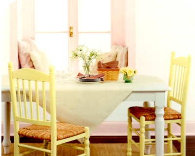 Pink trim in a kitchen/dining area