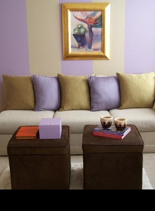 Beige and purple wide vertical painted wall stripes