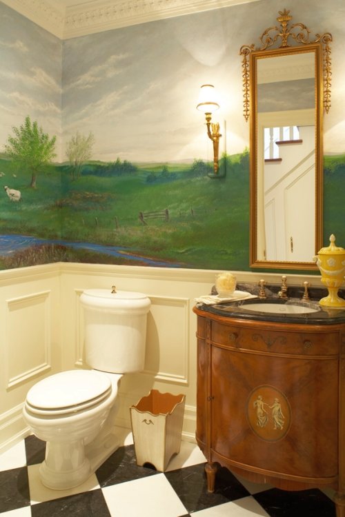 Custom painted mural in a powder room