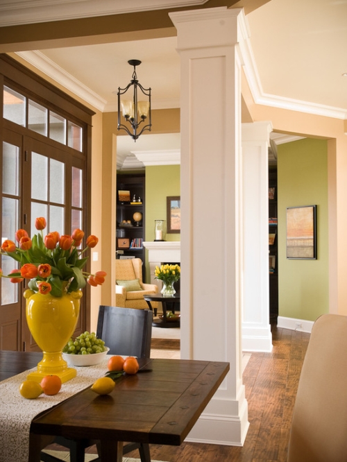 Open floor concept area walls painted brown, beige and green colors