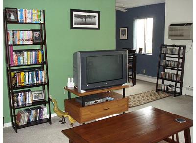 Green and navy blue accent walls in our apartment