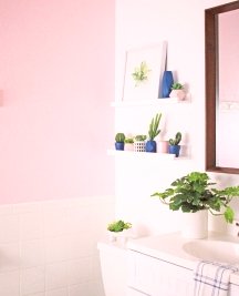 Fresh pink walls in a bathroom can brighten up your complexion in a mirror