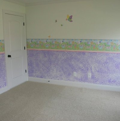 Girly bedroom decorated with a sponged on finish done with a kitchen sponge