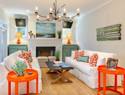 Greige wall color can handle bright decor accents